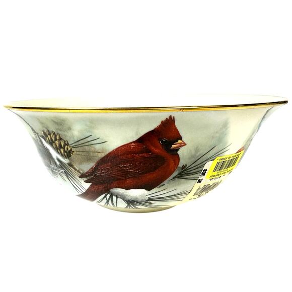 Lenox Winter Greetings McClung 9" Scenic Serving Bowl Gold Rim Cardinal Bird-New - Picture 1 of 8